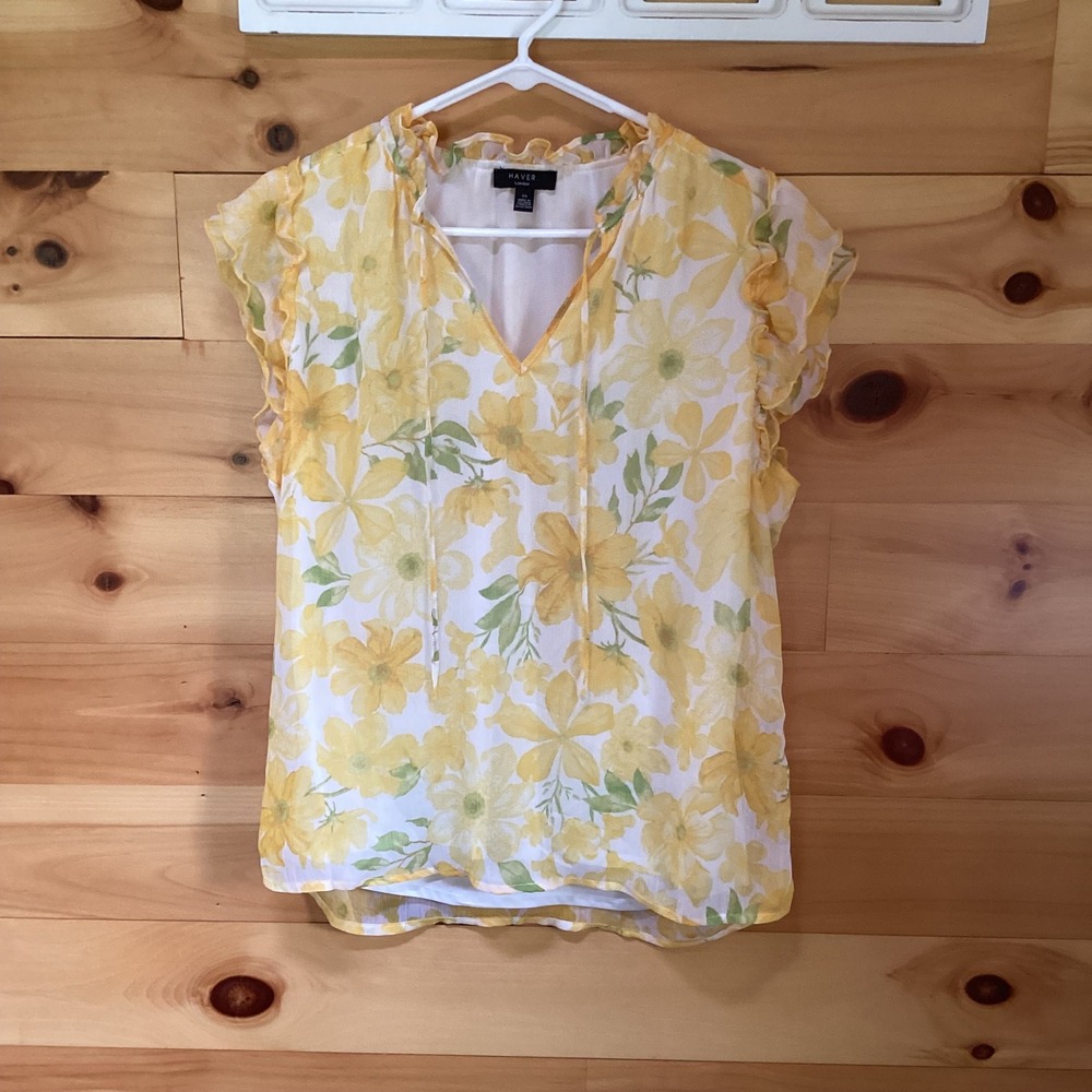 Haver London Yellow Floral Chiffon Ruffle Flutter Sleeve Blouse Top Large